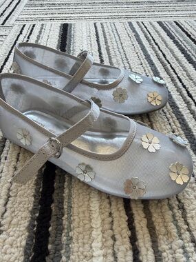 Zara Girls Metallic Silver Floral Mary Jane Mesh Flats